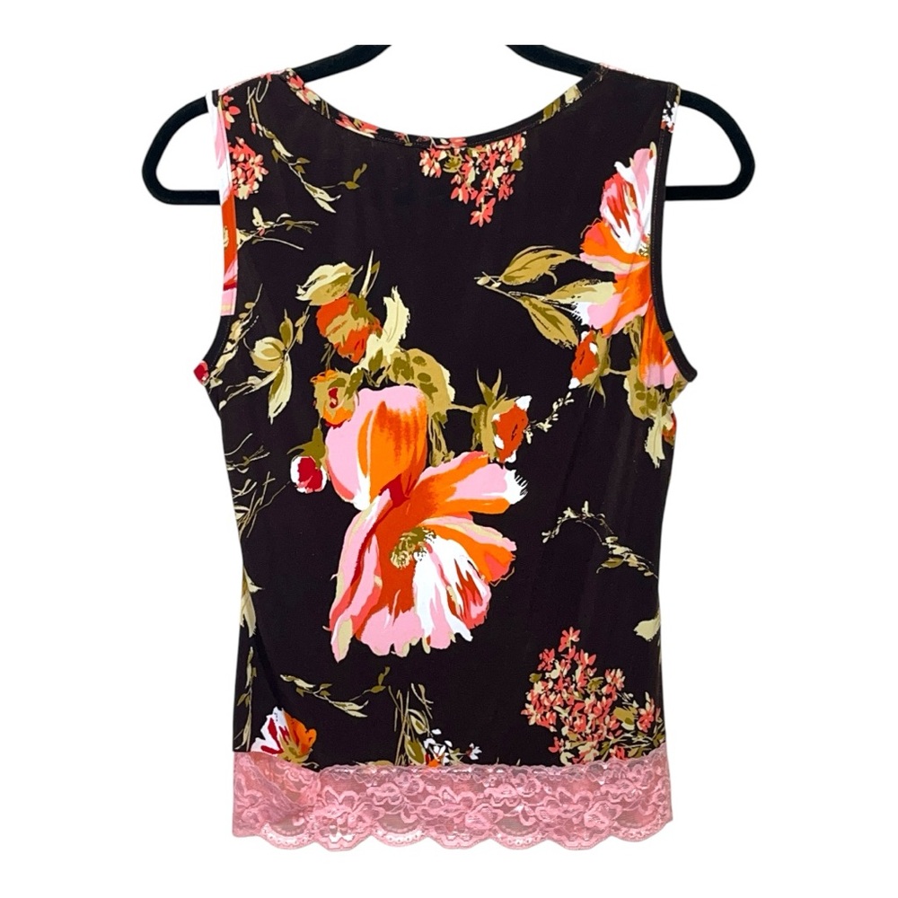 Y2K j.t.b. Floral Print Lace Trim Mock Wrap V Neck Top L Pink Brown Boho Spring - Picture 4 of 15